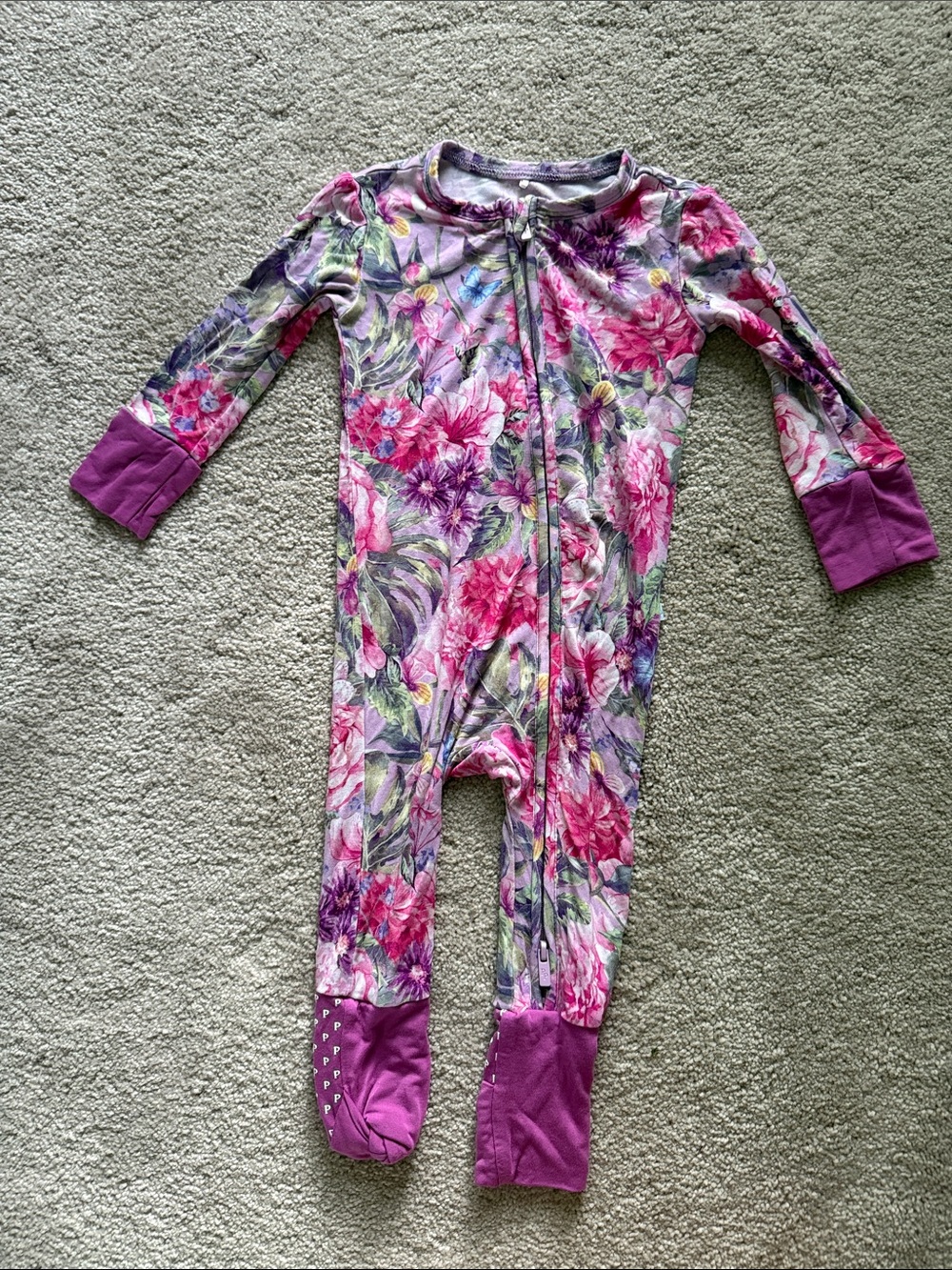 Bamboo Floral Zip-Front Baby Footies in Purple